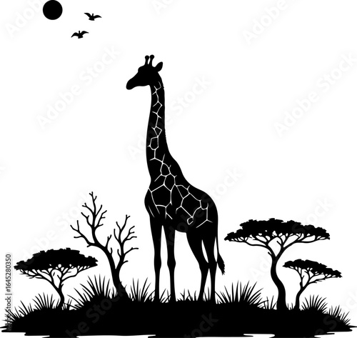 "Giraffe Silhouette in African Savannah"