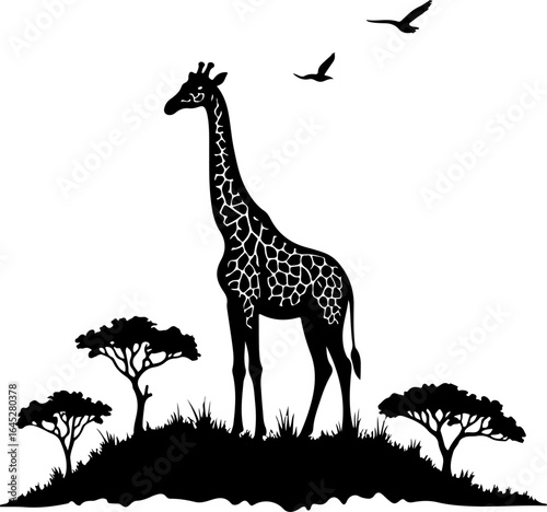 "Giraffe Silhouette in African Savannah"