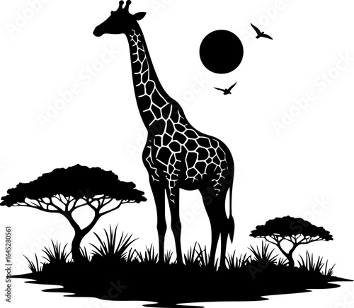 "Giraffe Silhouette in African Savannah"