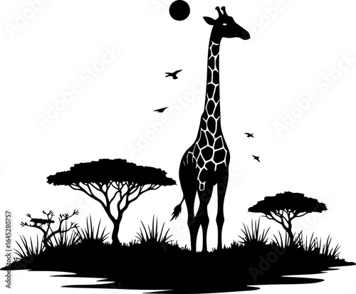 "Giraffe Silhouette in African Savannah Scene"