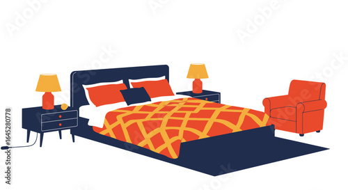 Stylized flat vector illustration of a minimalist bedroom interior design