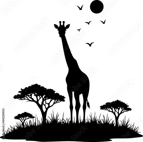 "Giraffe Silhouette in African Savannah Scene"
