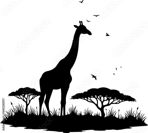 "Giraffe Silhouette in African Savannah Scene"