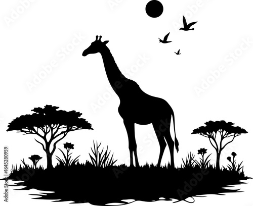 "Giraffe Silhouette in African Savannah Scene"
