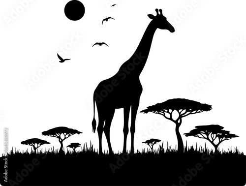 "Giraffe Silhouette in African Savannah Scene"