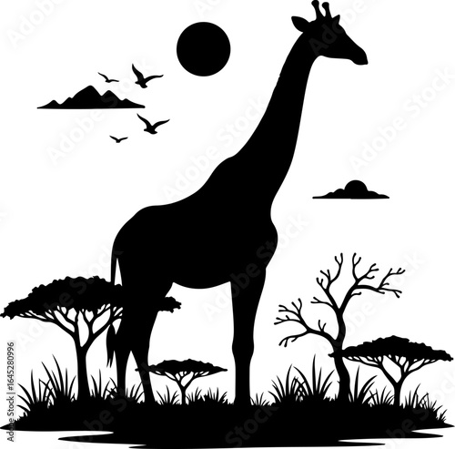 "Giraffe Silhouette in African Savannah Scene"