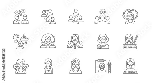 A diverse collection of modern line art icons illustrating essential concepts of human interaction, mental health, emotional support, and therapeutic practices.