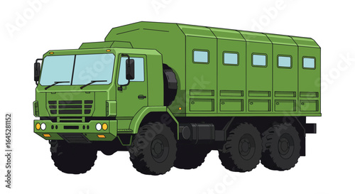 Stylized Flat Vector Illustration of a Vibrant Military Transport Truck isolated