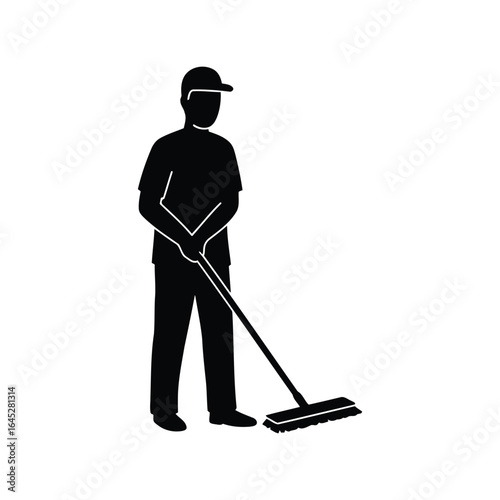 Janitor silhouette with mop cleaning service worker housekeeping professional sanitation staff vector illustration