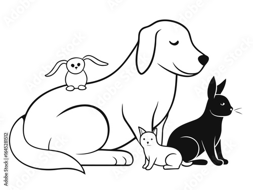 Vector group of pets - dog, cat, bird, rabbit, isolated on white background. Perfect for pet care branding, veterinary projects, animal illustrations, children’s books, and creative designs.