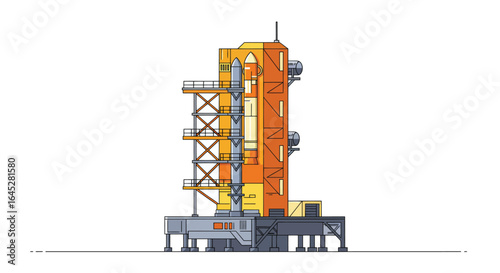 Stylized flat vector illustration of a vibrant launch pad tower at a spaceport