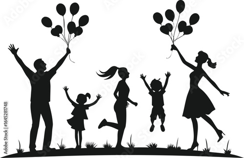 Joyful family silhouettes holding hands with balloons, celebrating together outdoors