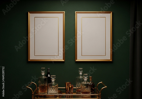 Elegant Home Bar with Golden Frames on Dark Green Wall Mockup
