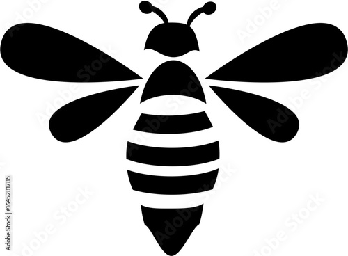 A bold black bee silhouette with outstretched wings, segmented body, and delicate antennae, symbolizing diligence, community, nature’s harmony, and tireless work.