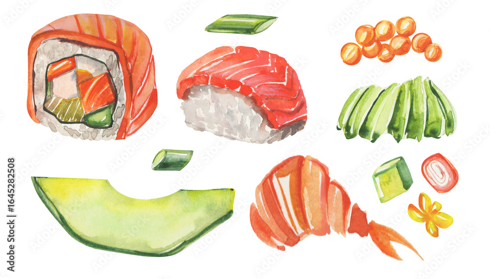 Fototapeta premium Watercolor hand-drawn set of asian traditional food. Tasty japanese rolls, sushi with fresh fish and shrimps. 