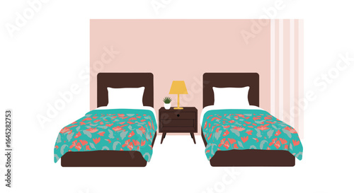 Stylish twin bed hotel room with floral bedspreads and modern nightstand