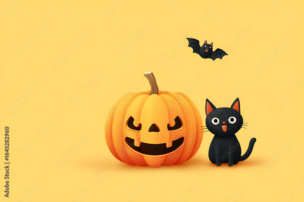 Fototapeta premium A playful Halloween scene featuring a carved pumpkin, a black cat, and a flying bat on a bright yellow background