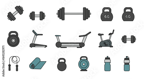 dumbbell, kettlebell, treadmill, exercise bike, jump rope, yoga mat, water bottle, fitness, gym, workout, equipment, health, training, strength, cardio, weights, exercise, wellness, sport, illustratio
