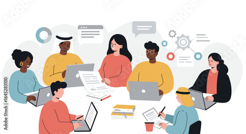 Diverse team collaborating around a table with laptops and documents