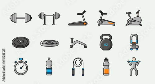 Illustration of various gym equipment on a white background