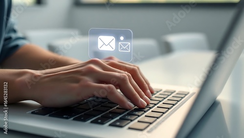 Close-up of a person typing on a laptop, with digital email icons overlayed - Sending and receiving emails