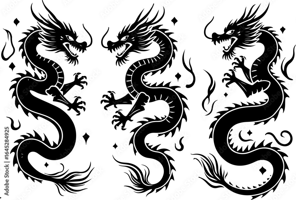 Fototapeta premium Chinese Dragon Vector Trio | Mythical Asian Dragon Clipart