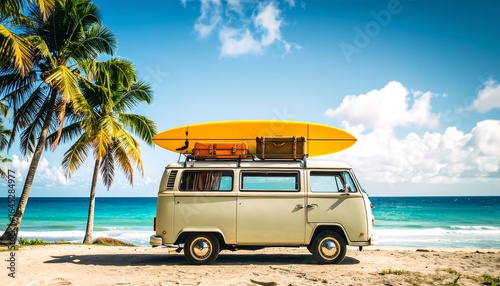 Vintage van parked on a tropical beach with surfboards and luggage on the roof