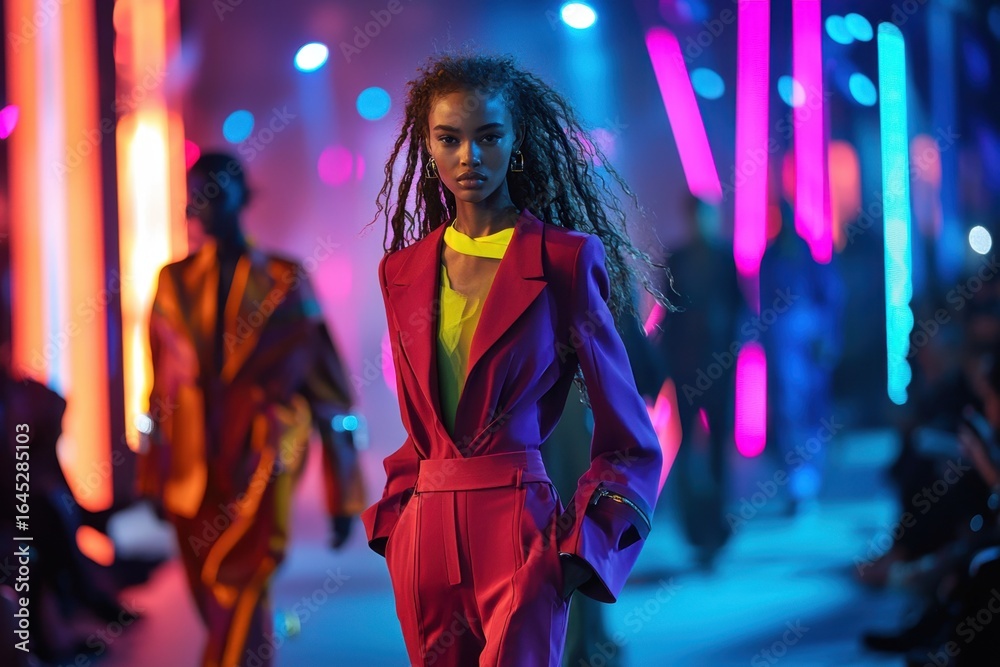 Obraz premium Bold and colorful runway looks showcase models in vibrant suits under neon lights, creating energetic atmosphere filled with excitement and style