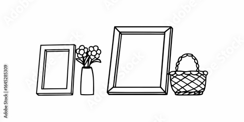 Still life drawing featuring picture frames vase with flowers and a basket in a simple line art style