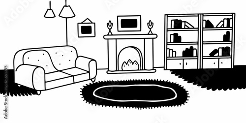 Illustration of a living room with a couch fireplace bookshelf and rug in black and white style