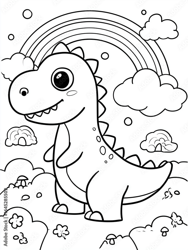 Naklejka premium Cute cartoon-style dinosaur, big eyes and smile, rainbow and clouds, black and white line art, no color, minimal details, smooth and clean outlines, coloring book style, suitable for children aged 3-6
