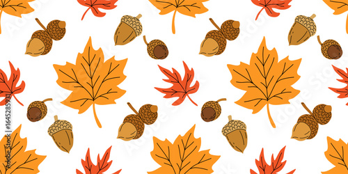 Seamless pattern with acorns, chestnuts, and autumn oak, maple and other leaves in orange, red, brown and yellow. Perfect for wallpaper, gift paper, autumn greeting cards.