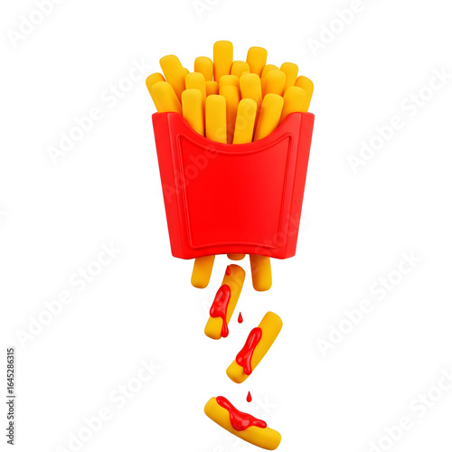 Delicious golden french fries with ketchup falling from the red carton ready to be enjoyed for lunch