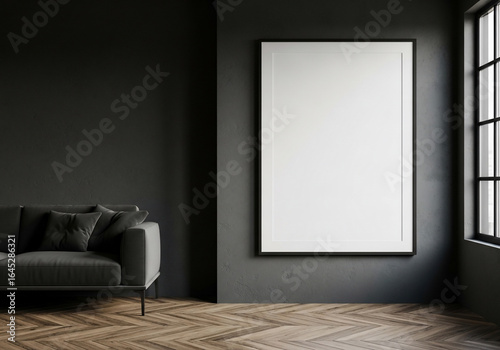 Modern Dark Gray Interior with Empty Frame and Sofa Mockup