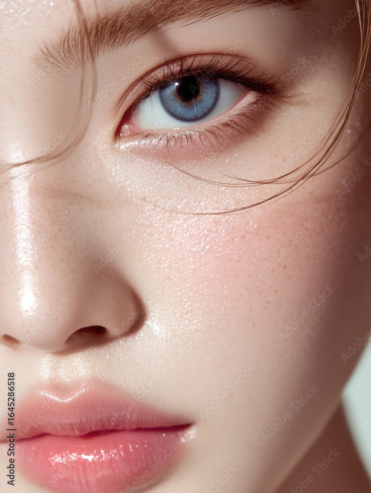 Naklejka premium Close up of a beautiful woman's face showing her clear skin and captivating blue eyes, a vision of beauty