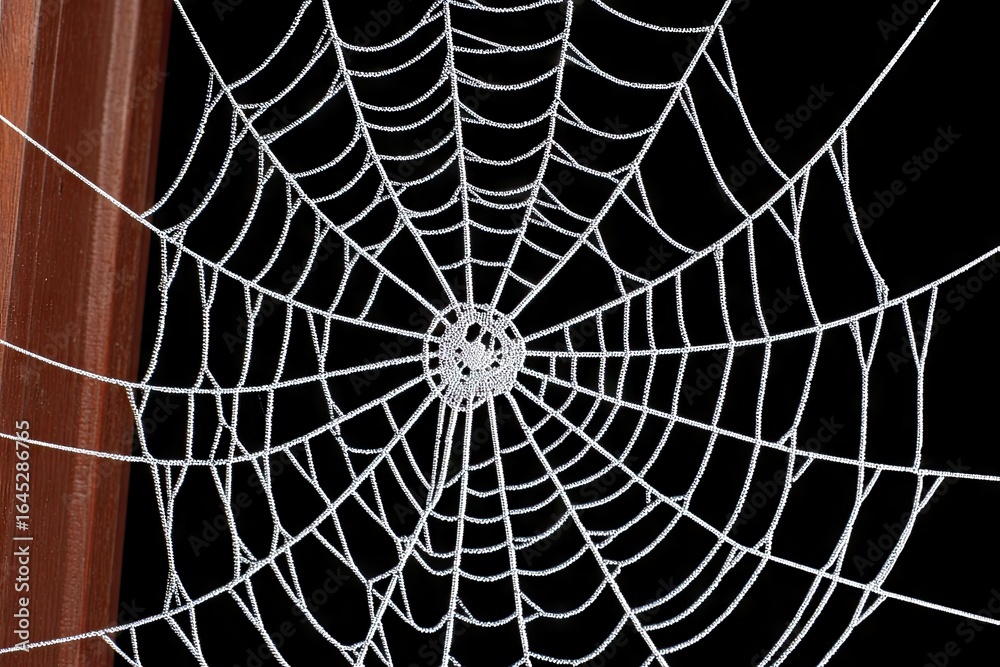 Obraz premium Frosted spiderweb on black background