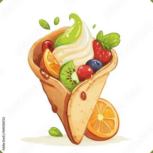 Vector illustration of Japanese street crepe filled with fruit and whipped cream, rolled cone style, in flat vector style, isolated on a white background
