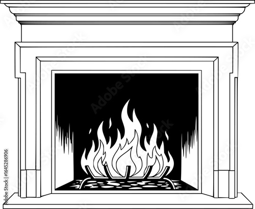 a line drawing of a fireplace with flames, minimalist, monochrome, sketch, simple, clear lines, no shading, classic style, elegant, detailed, fireplace mantel, cozy, inviting, warm lighting effect

