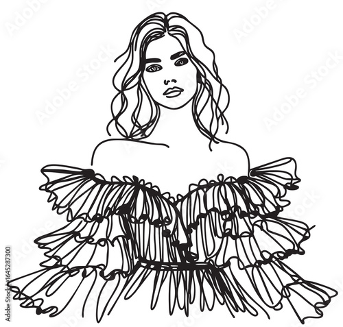 Fashion models silhouette portrait. Sketch. Woman in dress with ruffles. Doodles