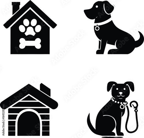 Dog house and dog vector illustration set for pet shop or veterinary logo designs and pet care