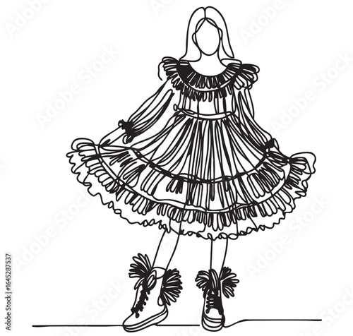 Fashion child. Sketch. Girl in dress with ruffles. Doodles