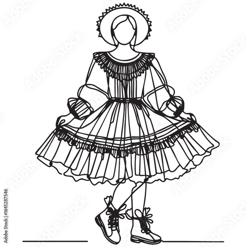 Fashion child. Sketch. Girl in dress with ruffles. Doodles