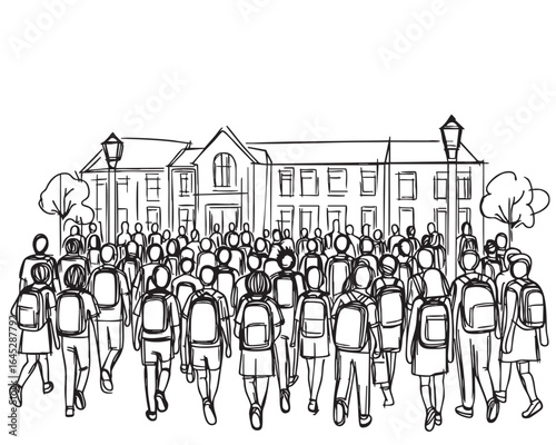 crowd go to school. Schoolchildren go to school. Sketch. Doodle style