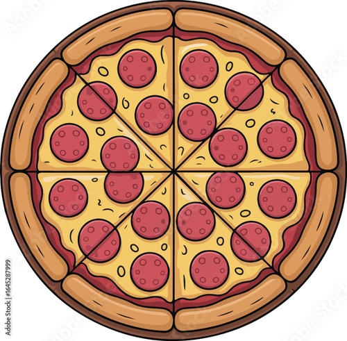 Whole Pepperoni Pizza with Cheese and Crispy Crust, Classic Italian Pizza Illustration