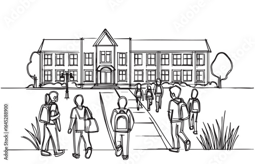 crowd go to school. Schoolchildren go to school. Sketch. Doodle style