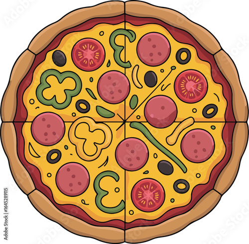 Whole Pepperoni Pizza with Vegetables and Cheese, Vector Illustration