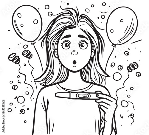 Pregnancy test couple unplanned. Woman is shocked by the pregnancy test. Sketch, abstract, surprise