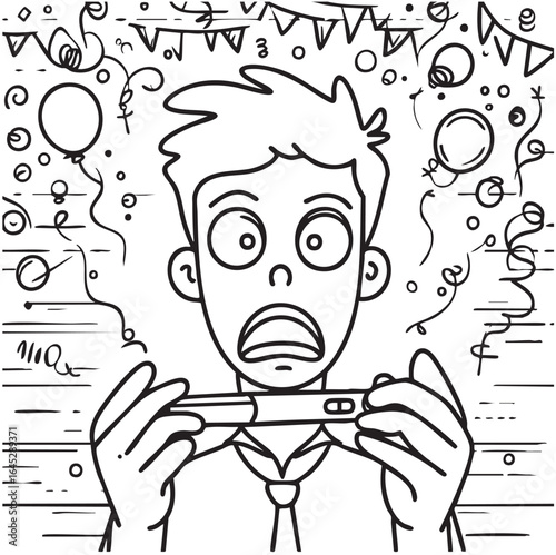 Pregnancy test couple unplanned. Man is shocked by the pregnancy test. Sketch, abstract, surprise
