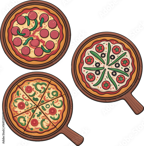Assorted Whole Pizzas on Wooden Trays, Top View Vector Illustration