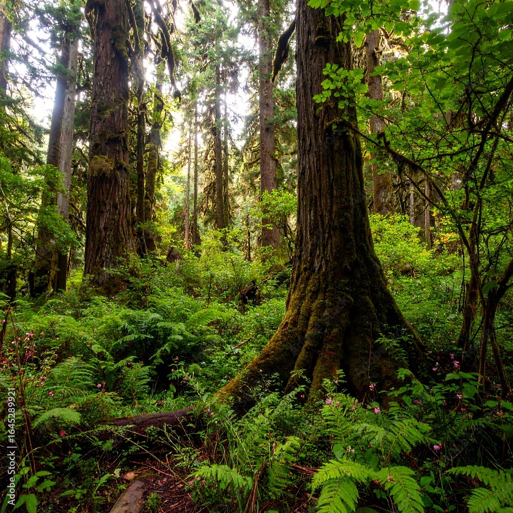Fototapeta premium Lush forest floor bathed in sunlight (1)